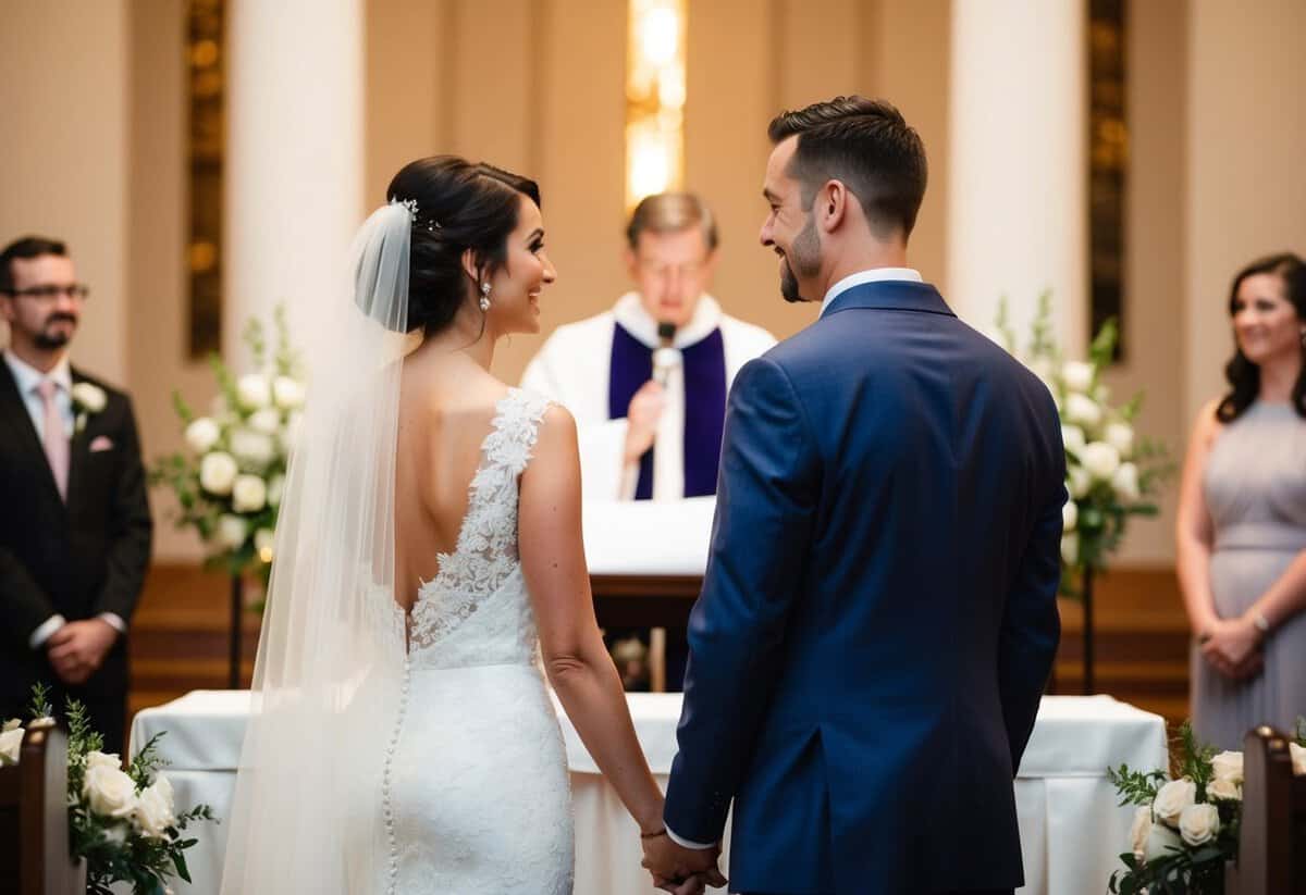 A couple standing at the altar, facing each other, with a wedding officiant in the background