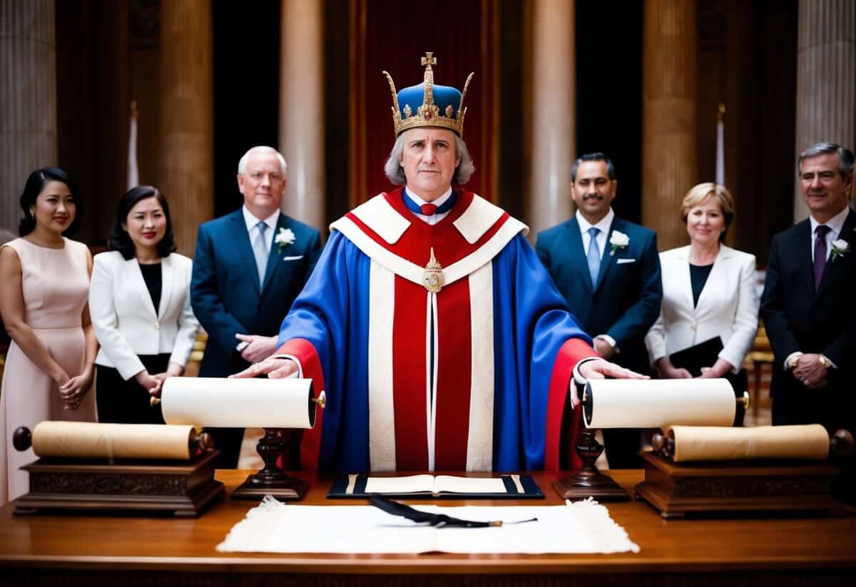 A regal figure stands before a grand podium, flanked by witnesses and officials. A scroll and quill lay on the table, symbolizing the legal vows of marriage