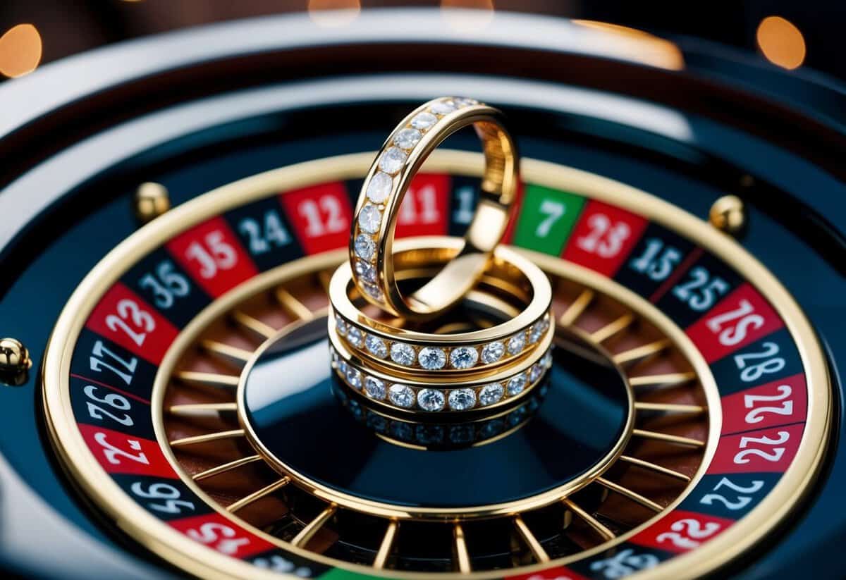 A wedding ring encircling three sevens on a roulette wheel