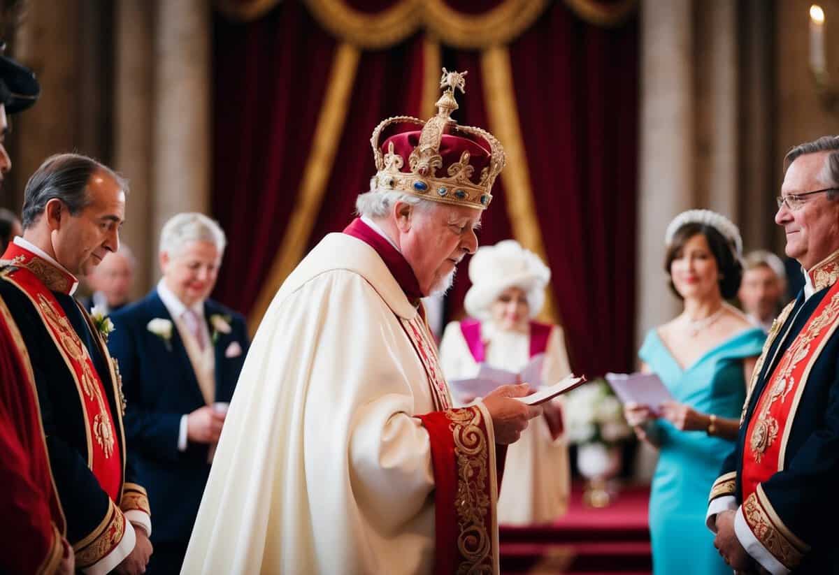 A regal figure stumbles while reciting vows at a lavish ceremony
