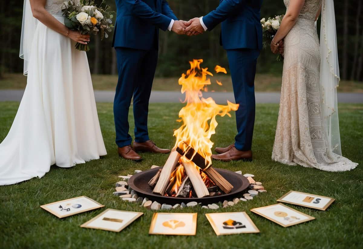 A bride and groom standing before a sacred fire, exchanging vows as seven symbolic items are laid out before them