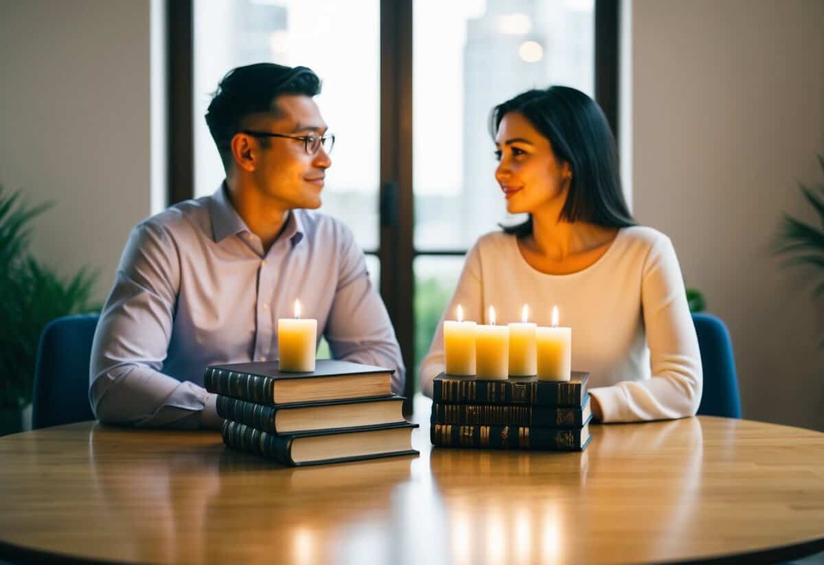 A couple sitting at a table, discussing challenges and support strategies for marriage. A stack of seven books and seven candles on the table