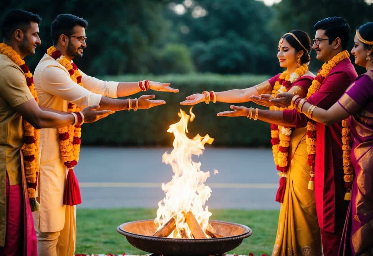 A couple stands before a sacred fire, exchanging garlands and making seven symbolic gestures, each representing a vow of marriage