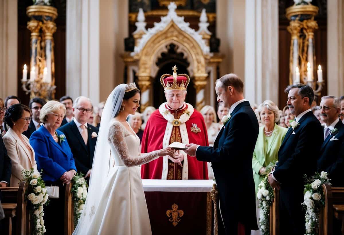 A royal figure standing at an altar, surrounded by ornate decorations and a crowd of onlookers, fumbling over wedding vows