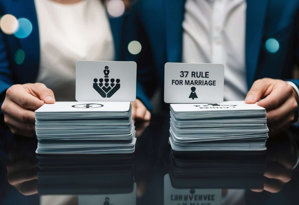 A couple sitting at a table, each with a stack of cards. One card reads "37 rule for marriage" while the other cards show various symbols and numbers