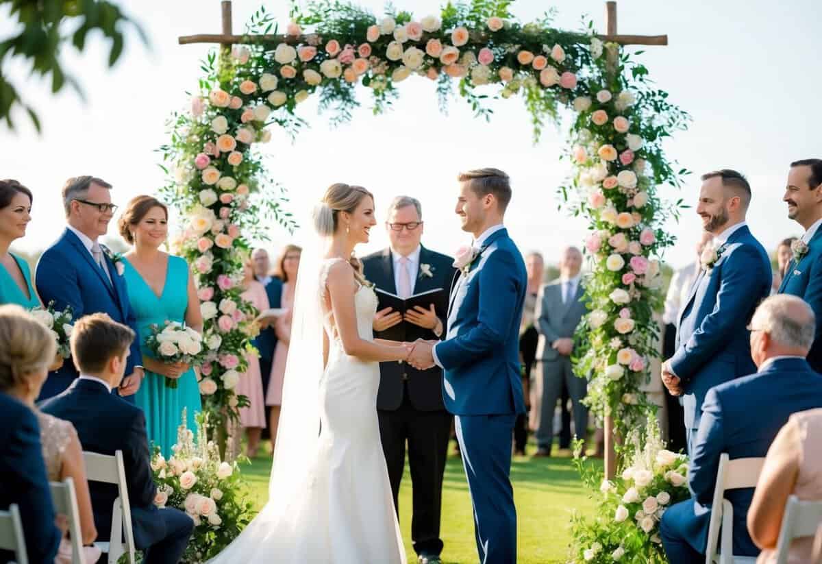 A bride and groom standing under a floral arch, exchanging vows in front of a crowd of family and friends