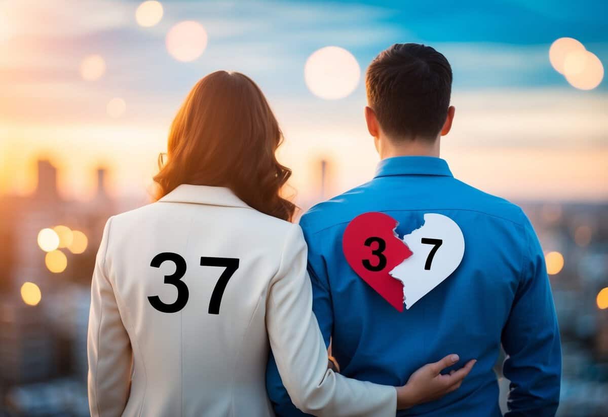 A couple standing back to back, each holding a piece of a broken heart, with the number 37 written on it
