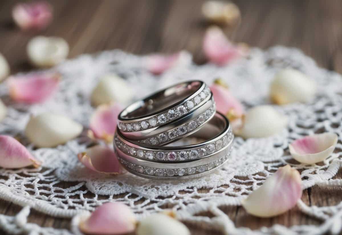 A pair of entwined wedding rings resting on a bed of delicate white lace, surrounded by a scattering of rose petals
