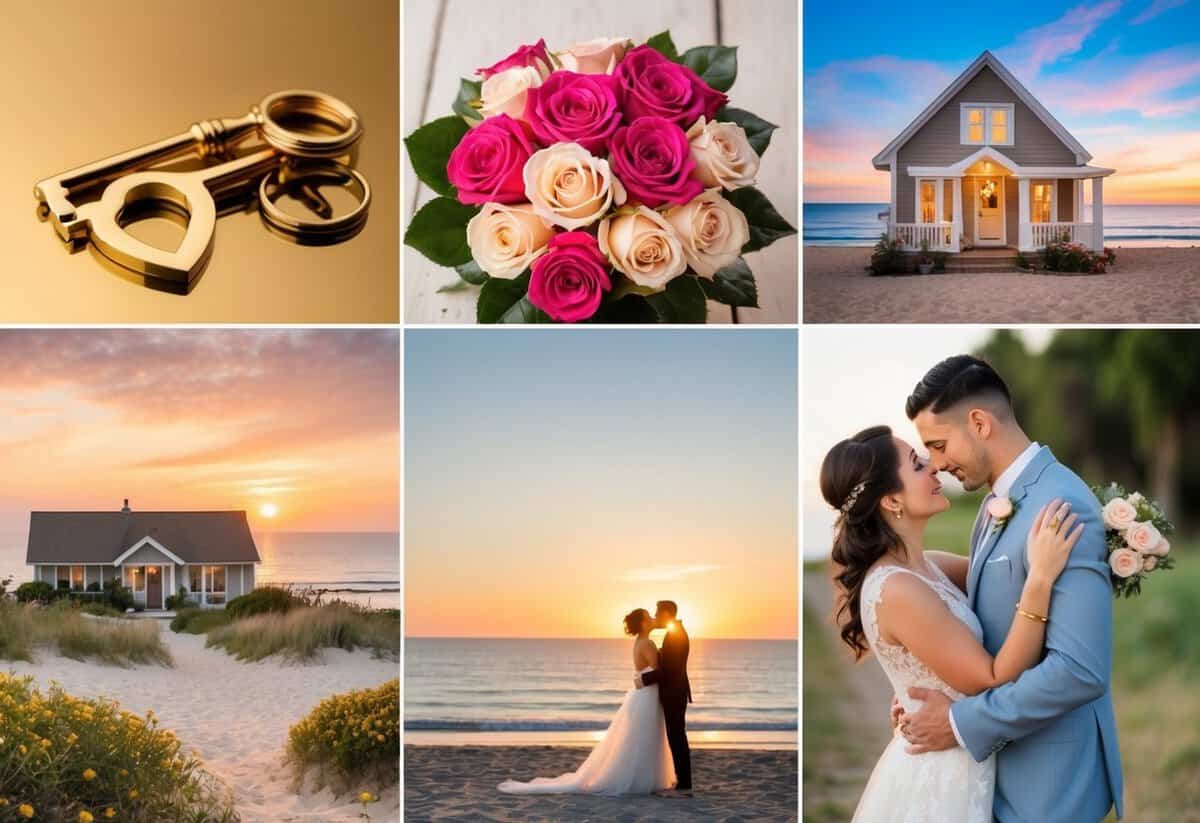 A golden key, a heart-shaped lock, a bouquet of roses, a pair of wedding rings, a cozy home, a sunset beach, and a loving embrace