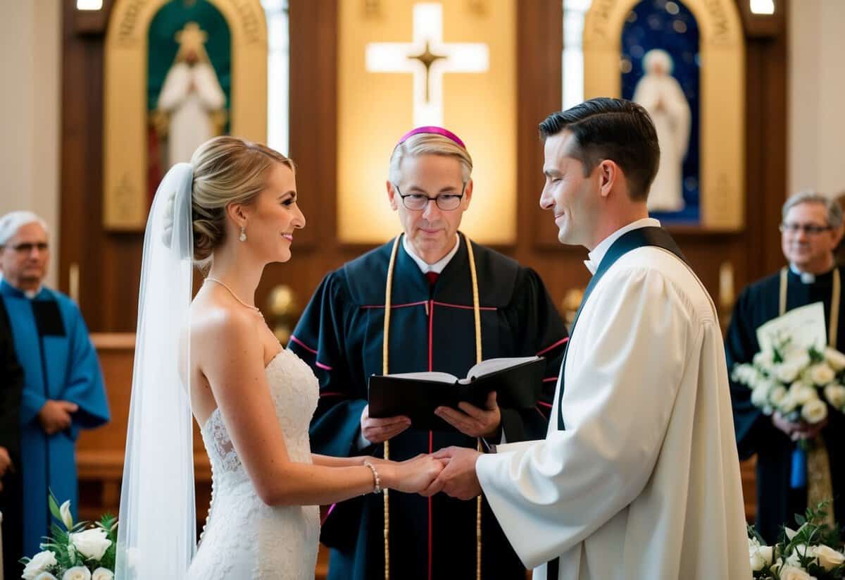 A bride and groom standing before a religious officiant, surrounded by symbols of different faiths, exchanging vows