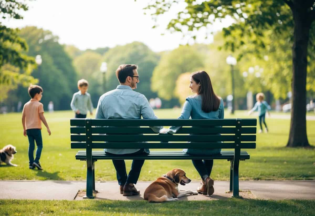 A couple sits on a park bench, facing each other, holding hands, with three children playing nearby and a dog lying at their feet