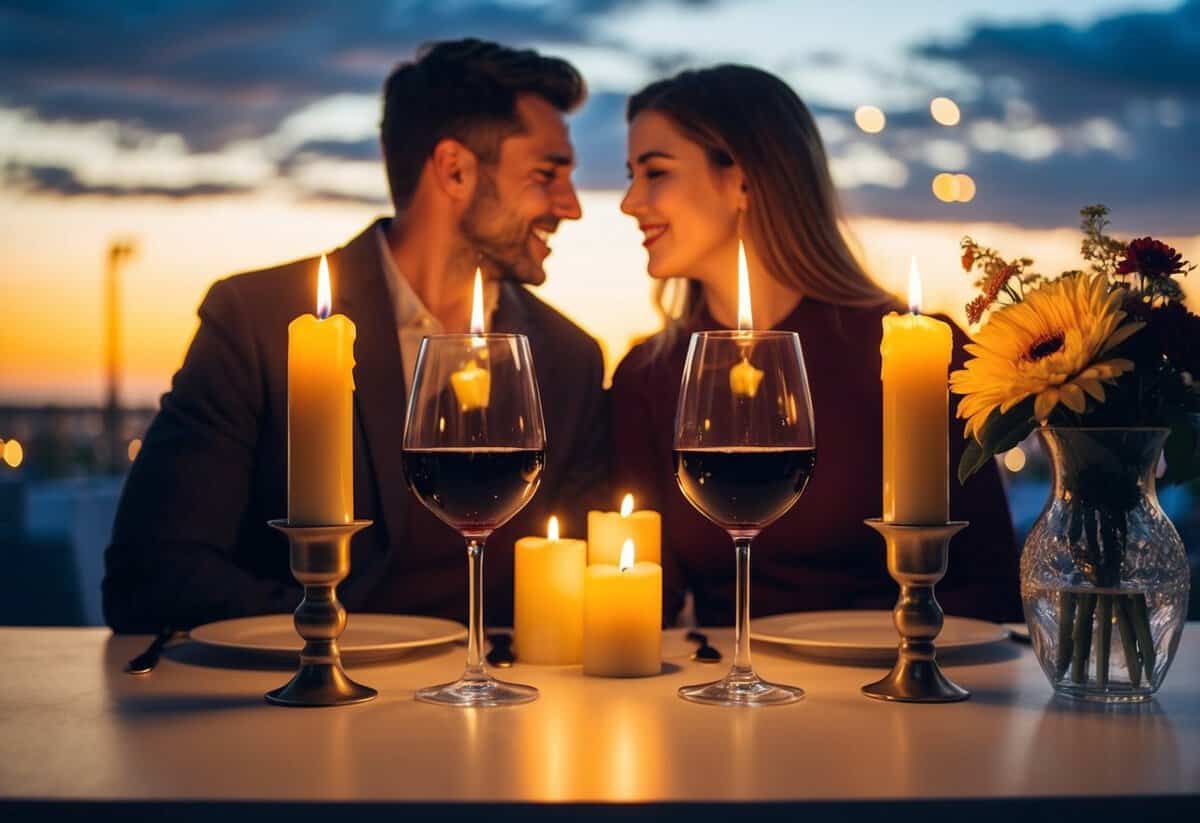 A couple sitting at a table, with three candles burning, two glasses of wine, and one flower vase