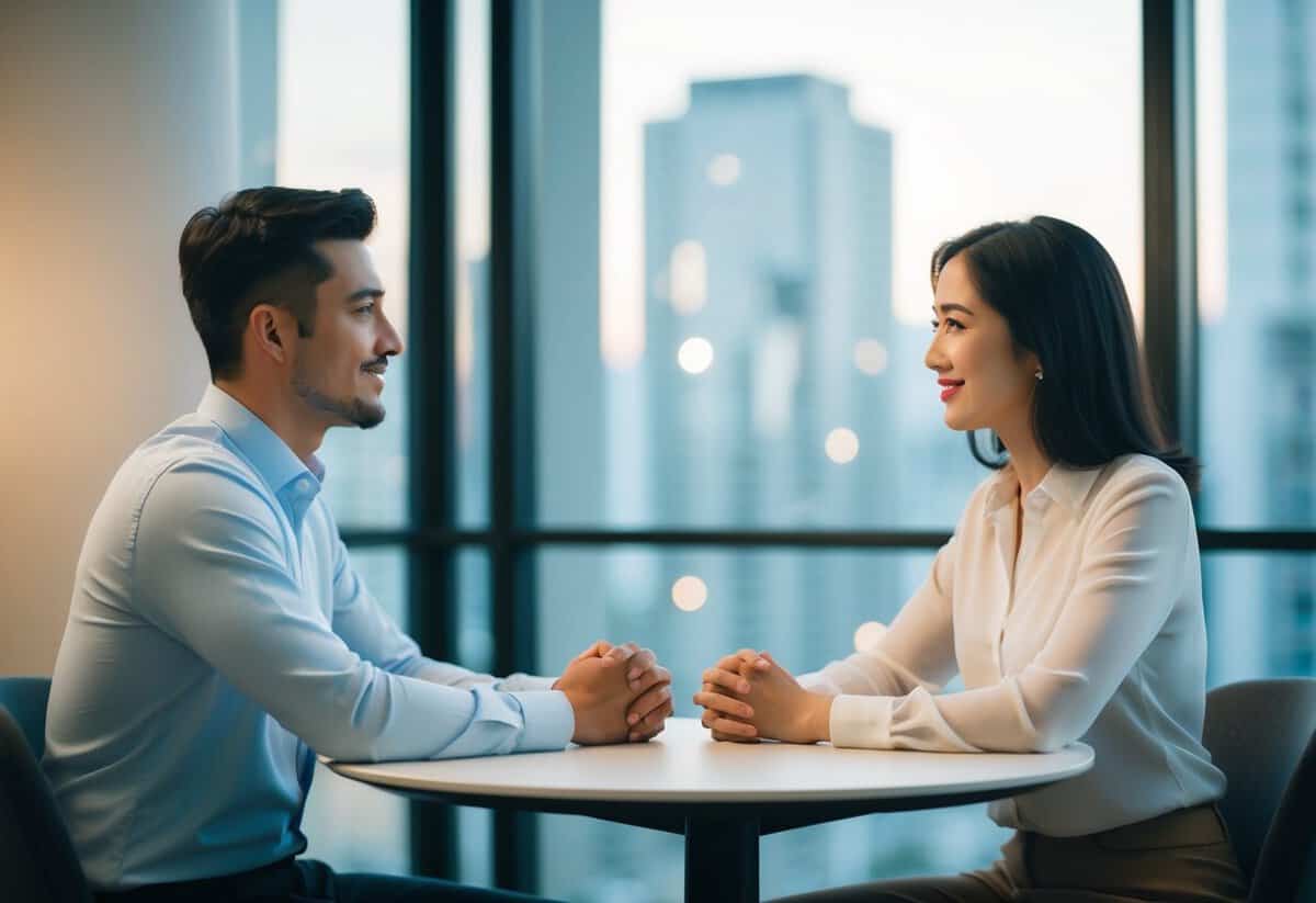 A couple sits at a table, one person speaking while the other listens attentively. The atmosphere is calm and respectful, with a sense of equality and understanding