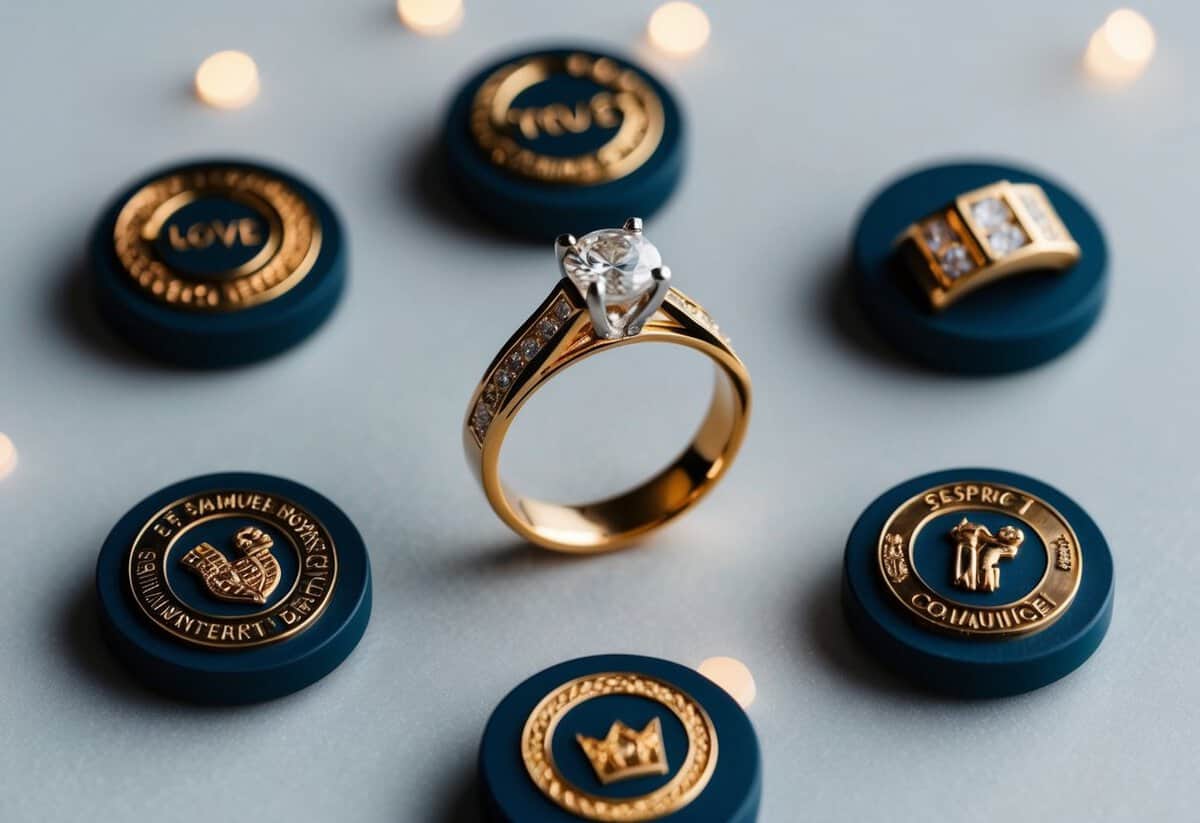 A ring surrounded by seven symbolic objects representing the promises of marriage: love, commitment, trust, respect, support, communication, and shared dreams