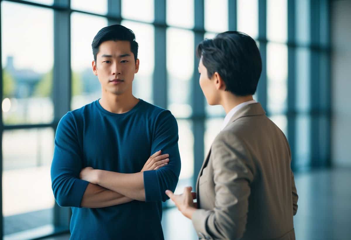 A person standing with their back to another, arms crossed, and a blank expression on their face, while the other person is trying to communicate with them