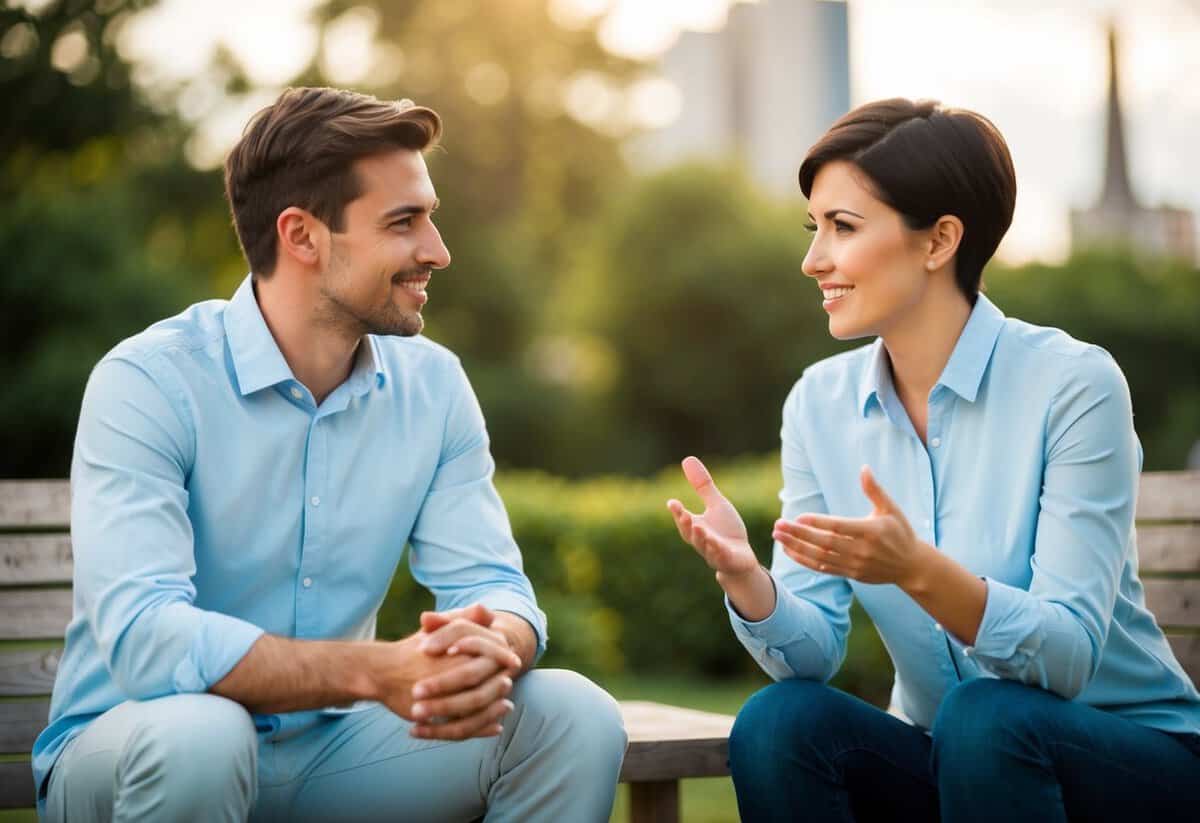 A couple sitting together, engaged in conversation, with one person actively listening while the other person speaks, demonstrating the 5:1 rule in marriage