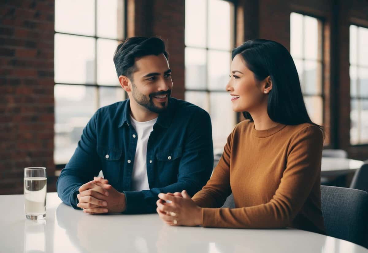 A couple sitting at a table, one partner speaking while the other listens attentively. A visible sense of understanding and connection between them