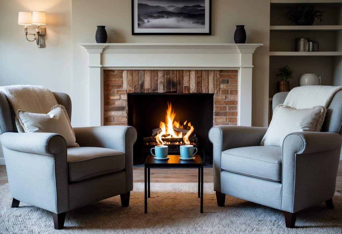 A cozy living room with a crackling fireplace, two comfortable armchairs facing each other, and a small table with two steaming mugs of tea