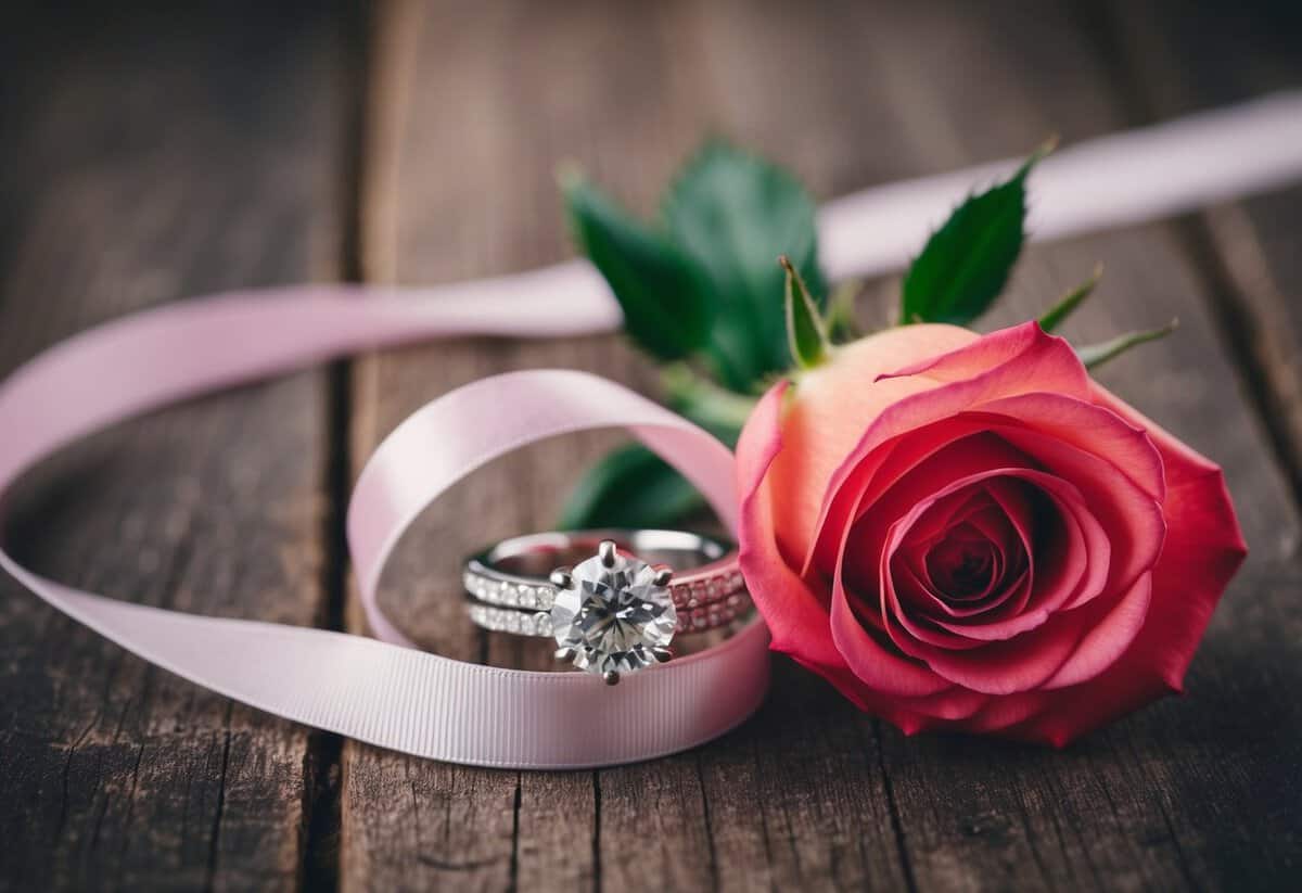 A ring, a rose, and a ribbon intertwined on a rustic wooden table