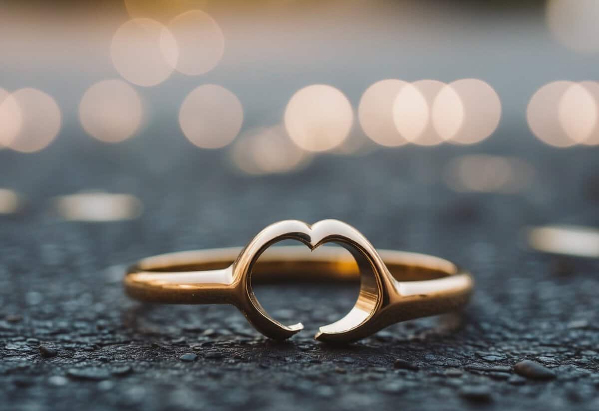 A broken heart-shaped wedding ring lying on the ground