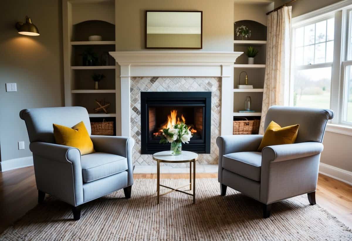 A cozy living room with a crackling fireplace, two comfortable chairs facing each other, soft lighting, and a small table with a vase of fresh flowers