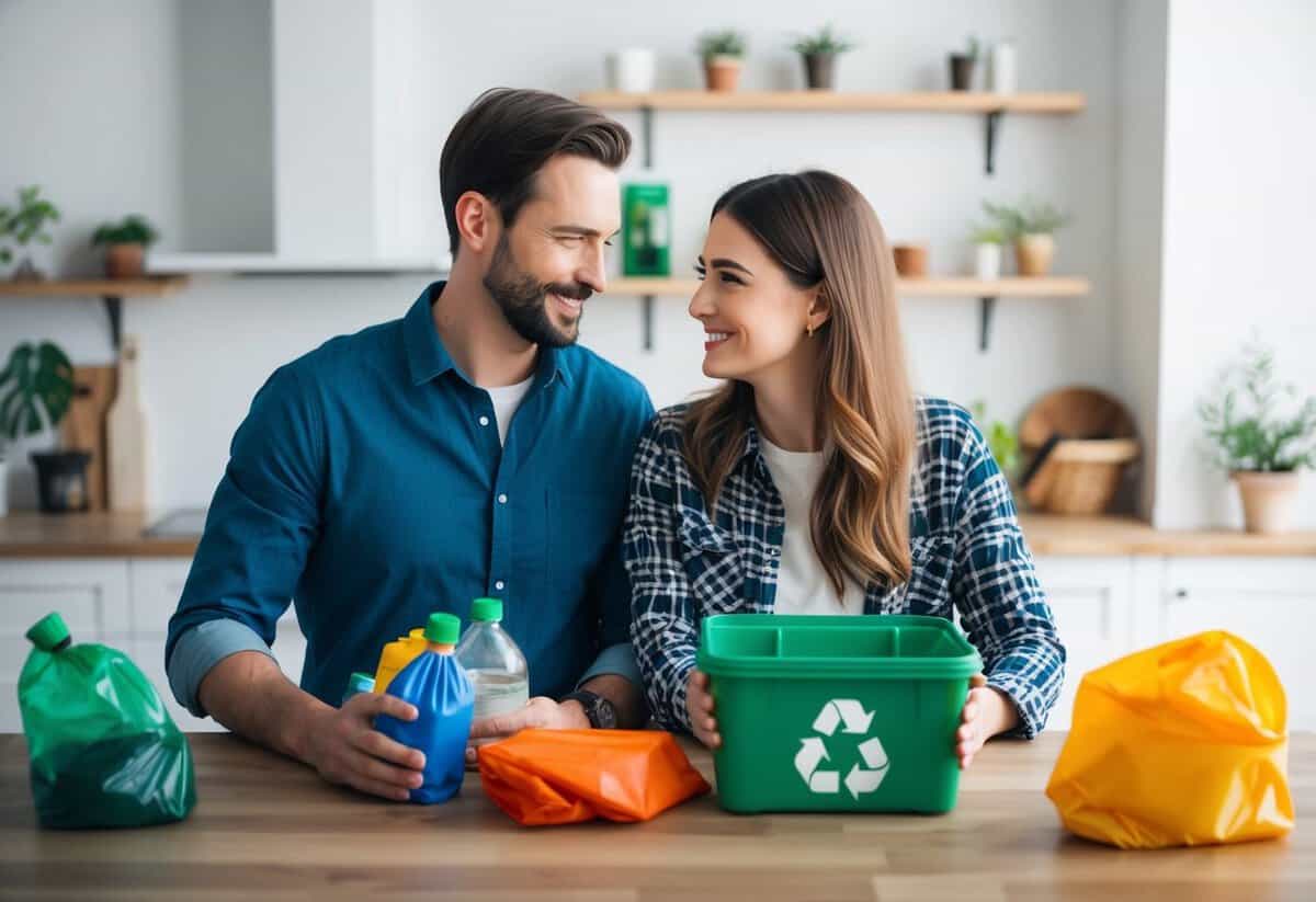 A couple recycling, reusing, and reducing waste together in their home