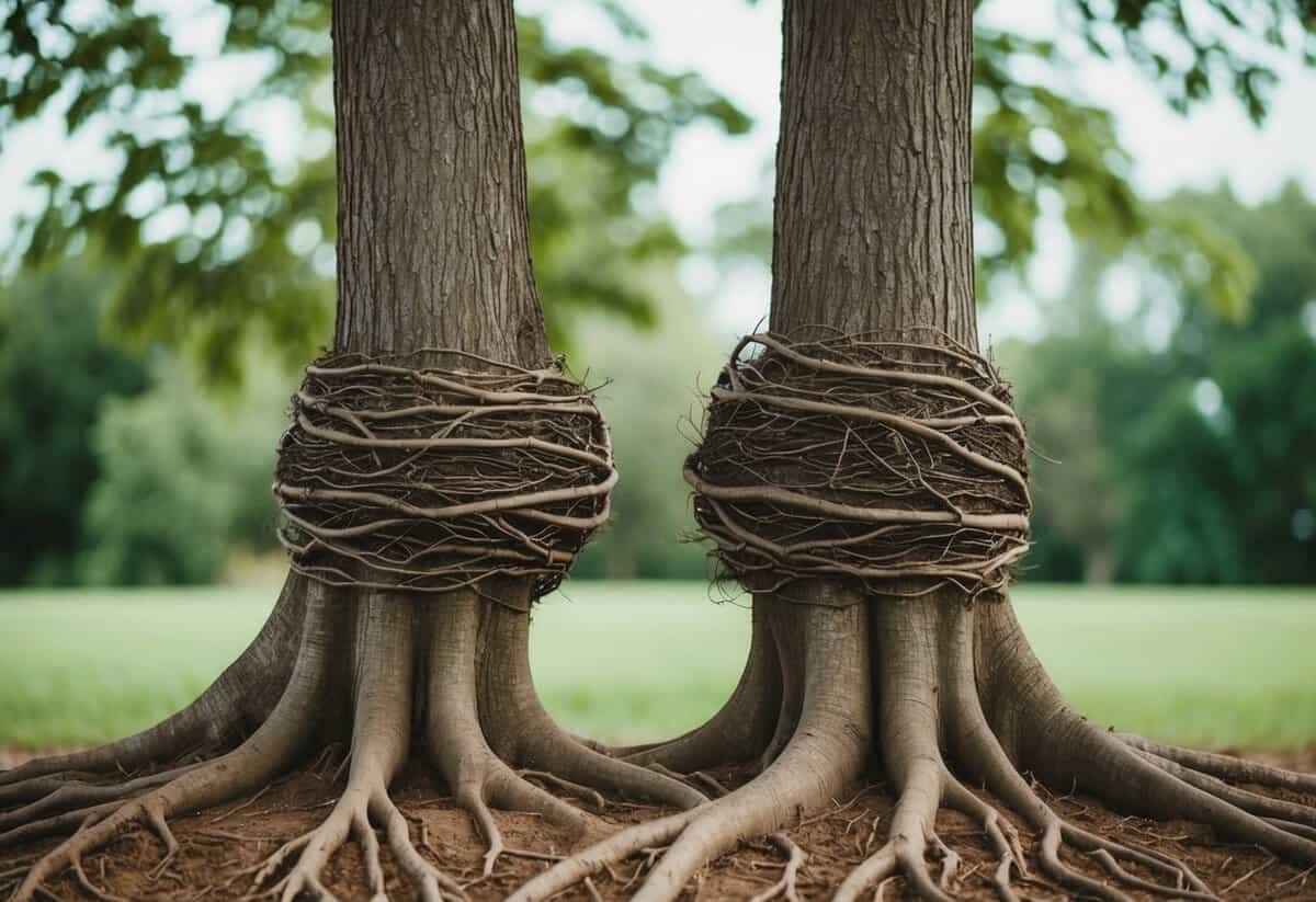 A pair of intertwined trees, their roots and branches supporting and sharing space, symbolizing the mutual support and shared experiences that keep a marriage happy