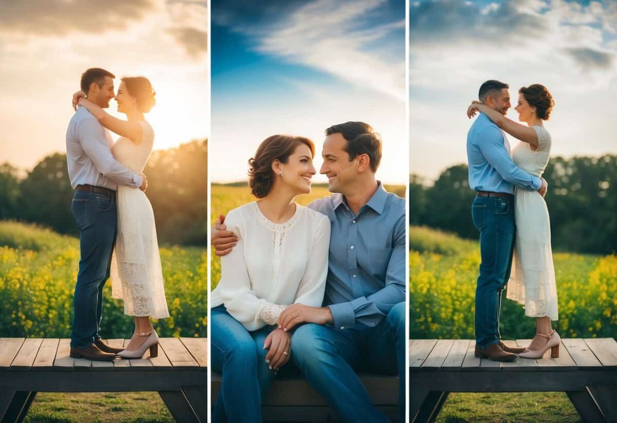A couple sitting together, symbolizing the stages of marriage - Romance, Respect, and Resilience. Each stage is depicted through changing seasons