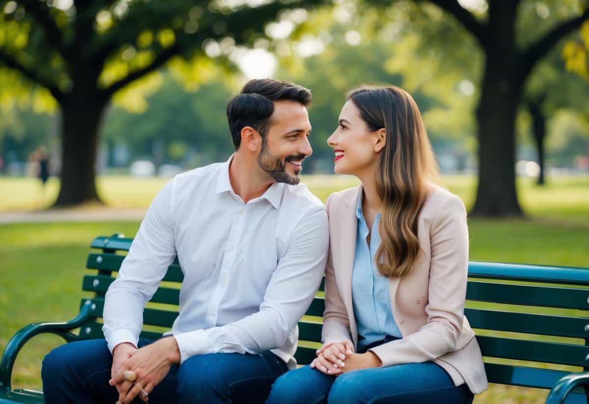A couple sits on a park bench, with one person leaning in and talking while the other listens attentively. The speaker's body language is open and relaxed, while the listener nods and maintains eye contact