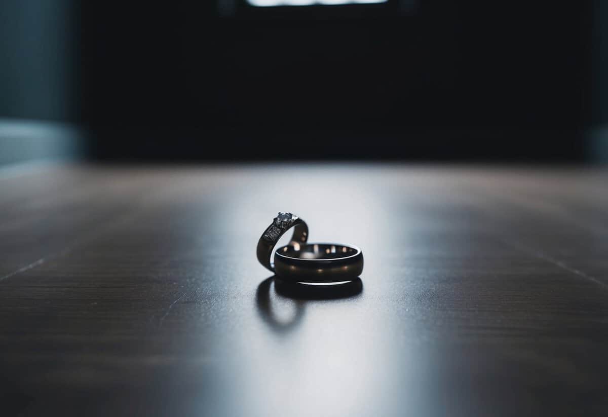 A broken wedding ring lying in a dark, empty room