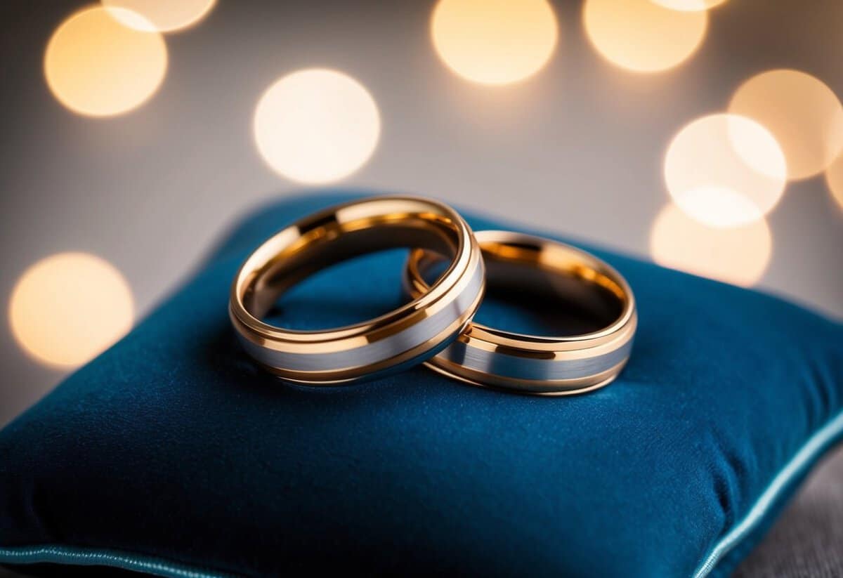 Two intertwined rings on a velvet pillow, surrounded by a soft glow