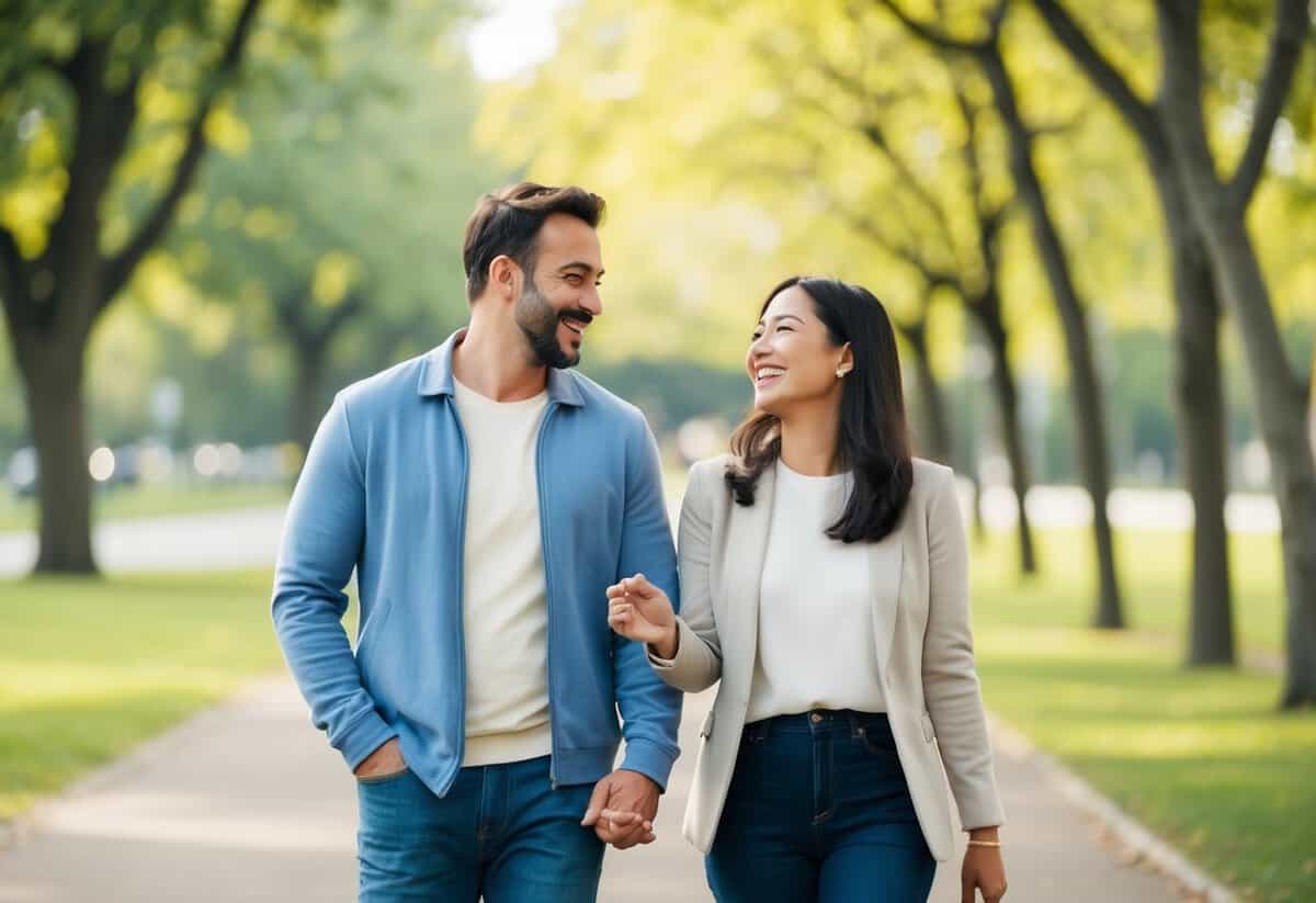 A couple enjoys a peaceful walk in a park, sharing laughter and conversation. The partner listens attentively, offering supportive gestures and affection