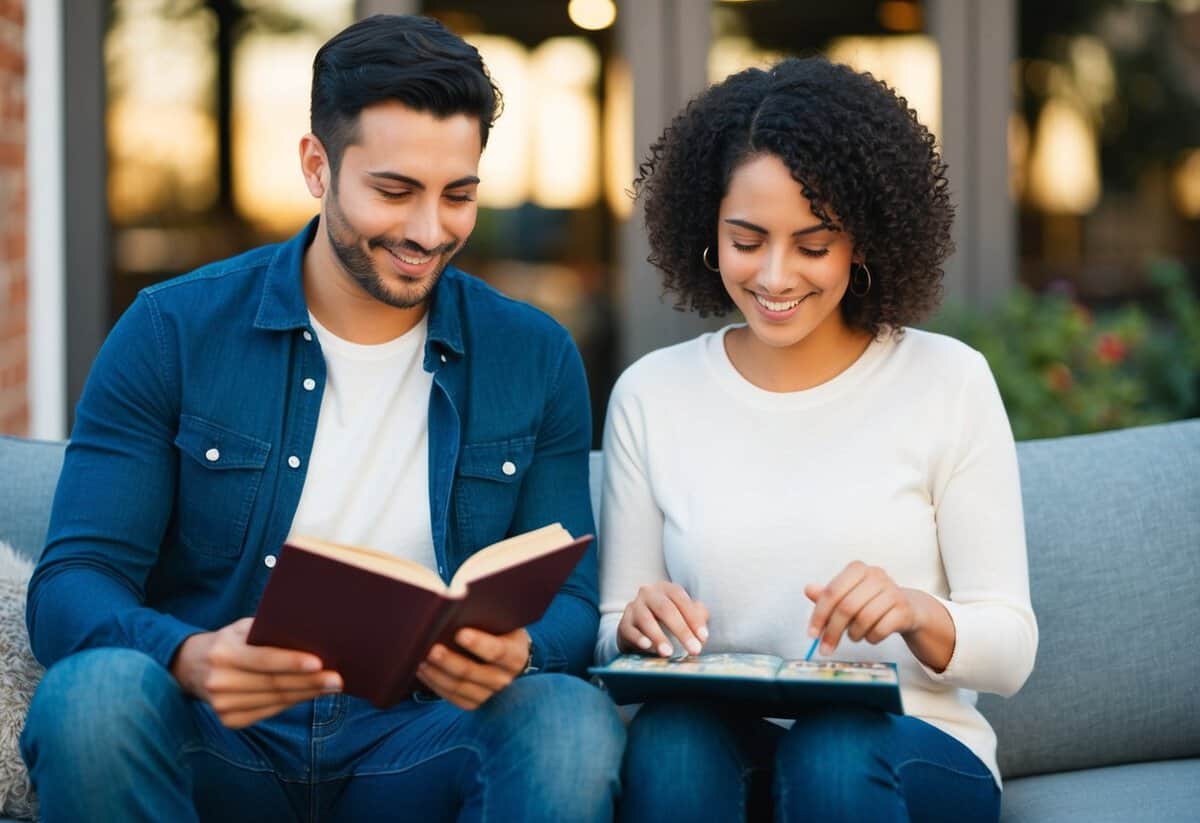 A couple sitting together, each engrossed in their own activities - one reading a book while the other works on a puzzle