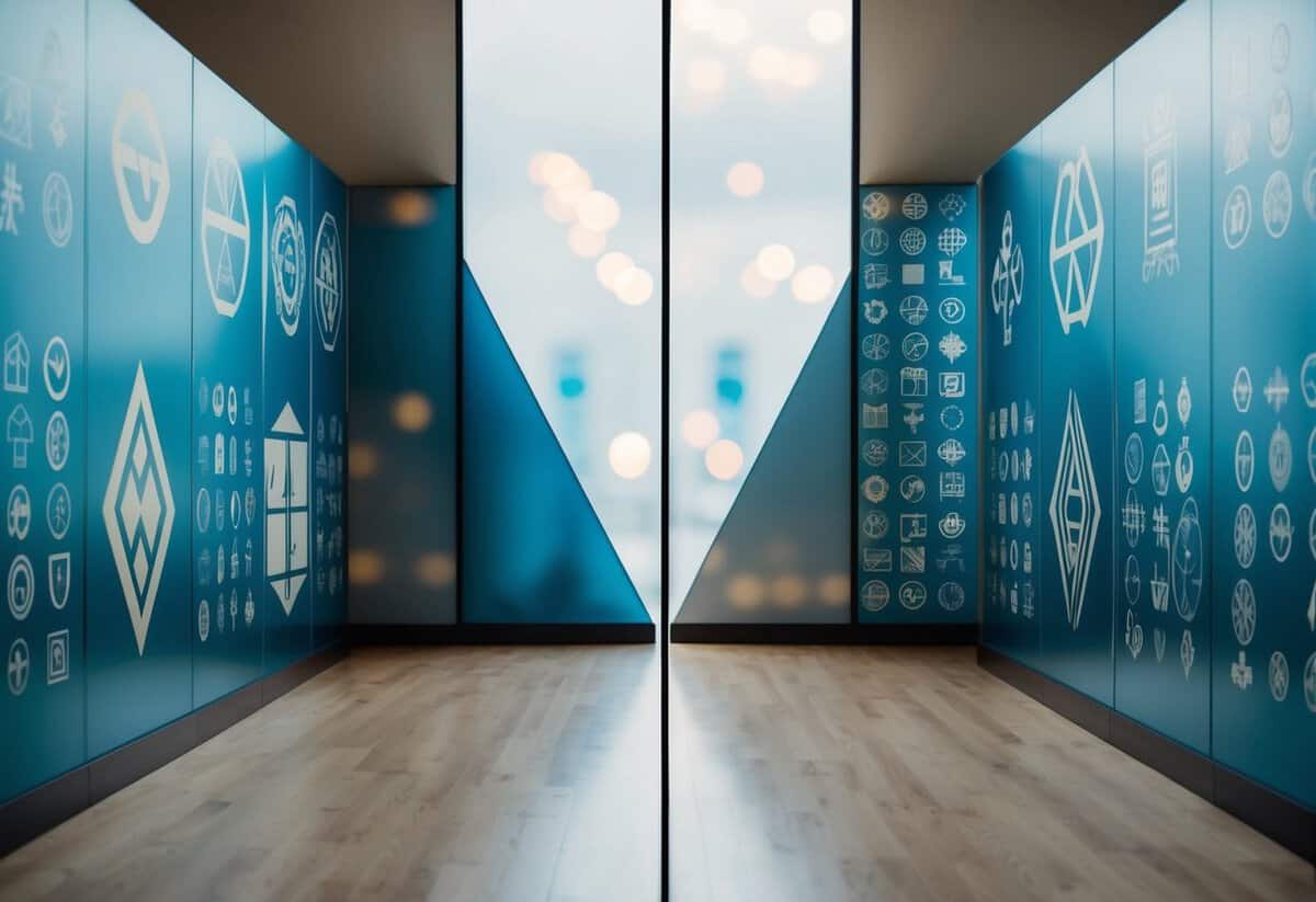 A clear line divides two halves of a shared space, each side adorned with distinct symbols and patterns. The line is firm but not impenetrable, allowing for occasional overlap and blending
