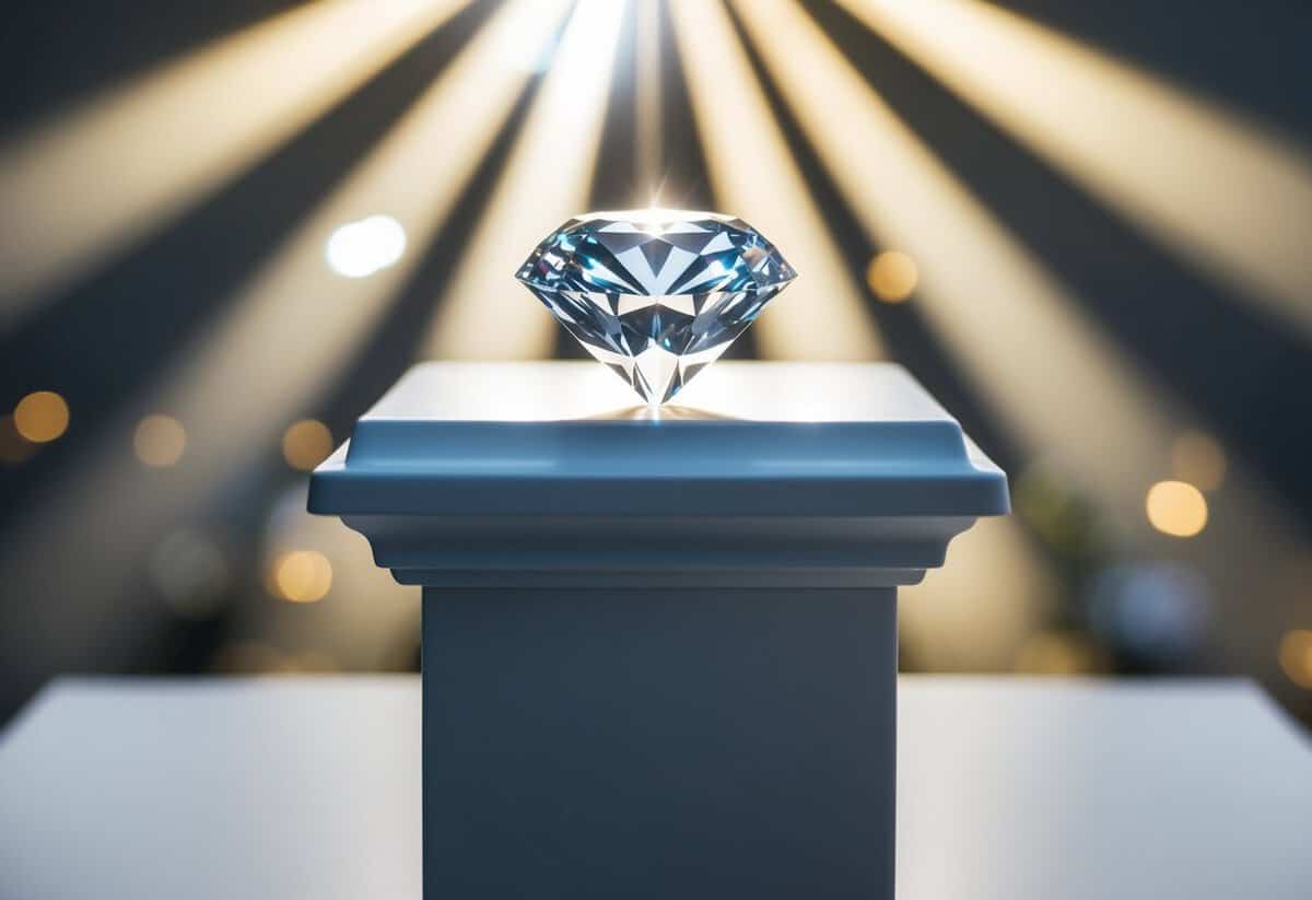 A shining diamond atop a pedestal, surrounded by rays of light