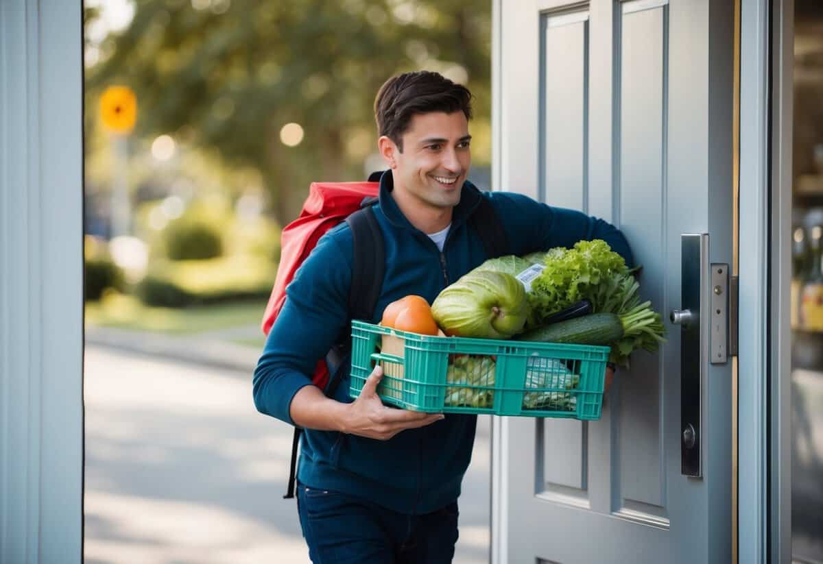 A person holding the door open for someone carrying a heavy load of groceries