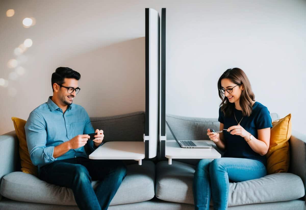 A couple sitting at opposite ends of a couch, each engrossed in their own activities. A physical divider, such as a table or pillow, separates them
