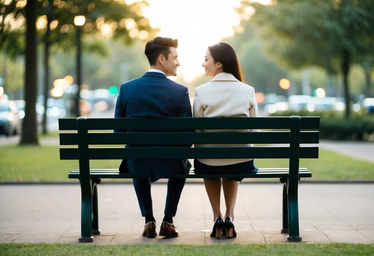 A couple sitting on a park bench, facing each other, with a calm and content expression on their faces
