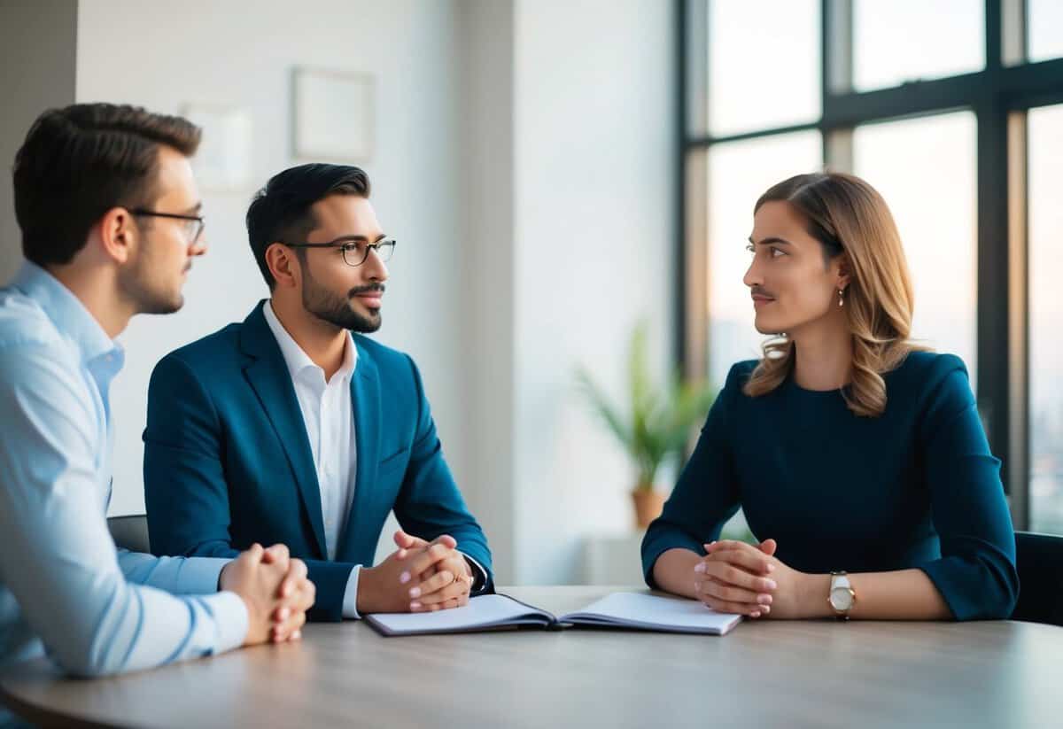 A couple sitting opposite a psychologist, discussing marriage with a focus on communication, trust, and conflict resolution