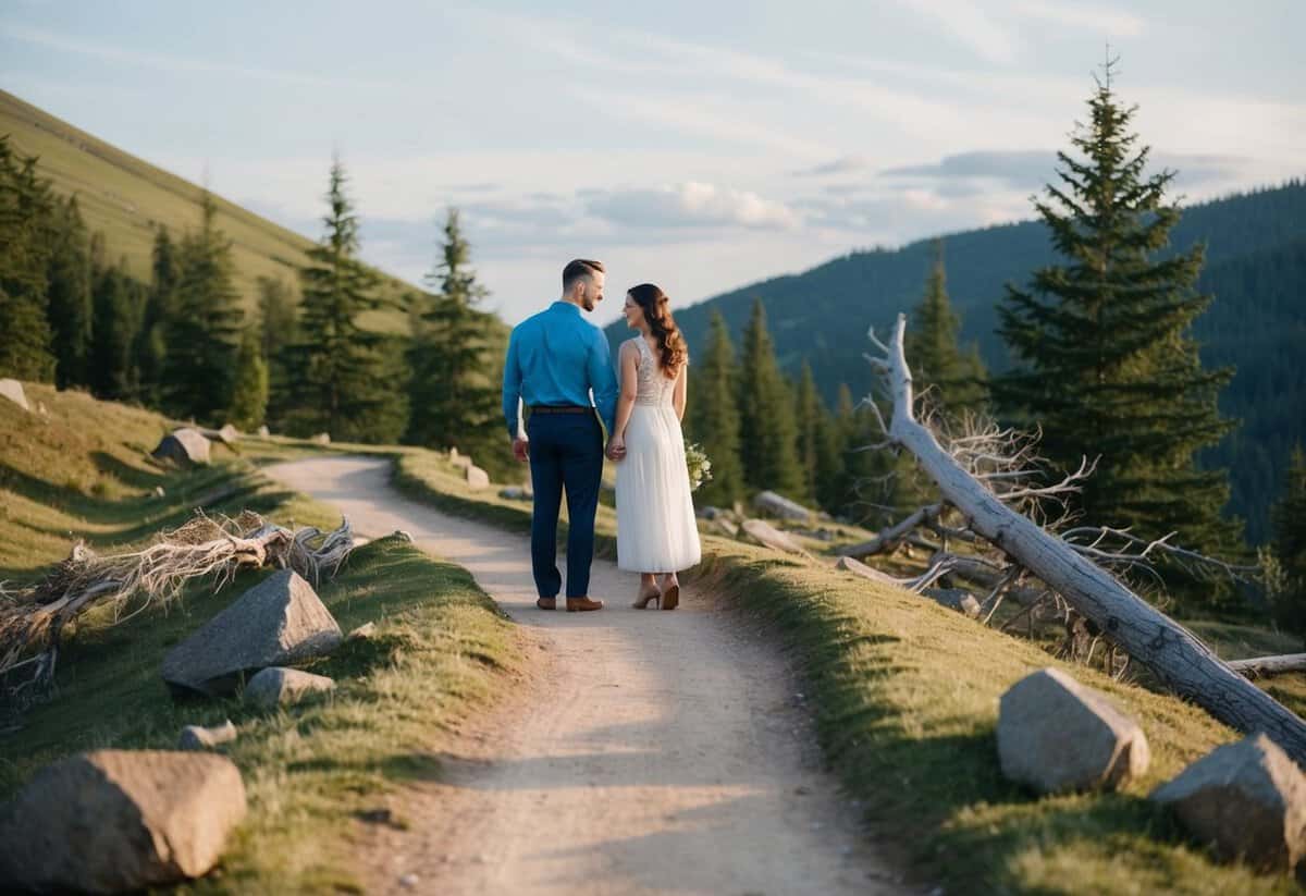 A couple standing on a winding path, facing obstacles like rocks and fallen trees. They work together to overcome the challenges, symbolizing the ups and downs of marriage