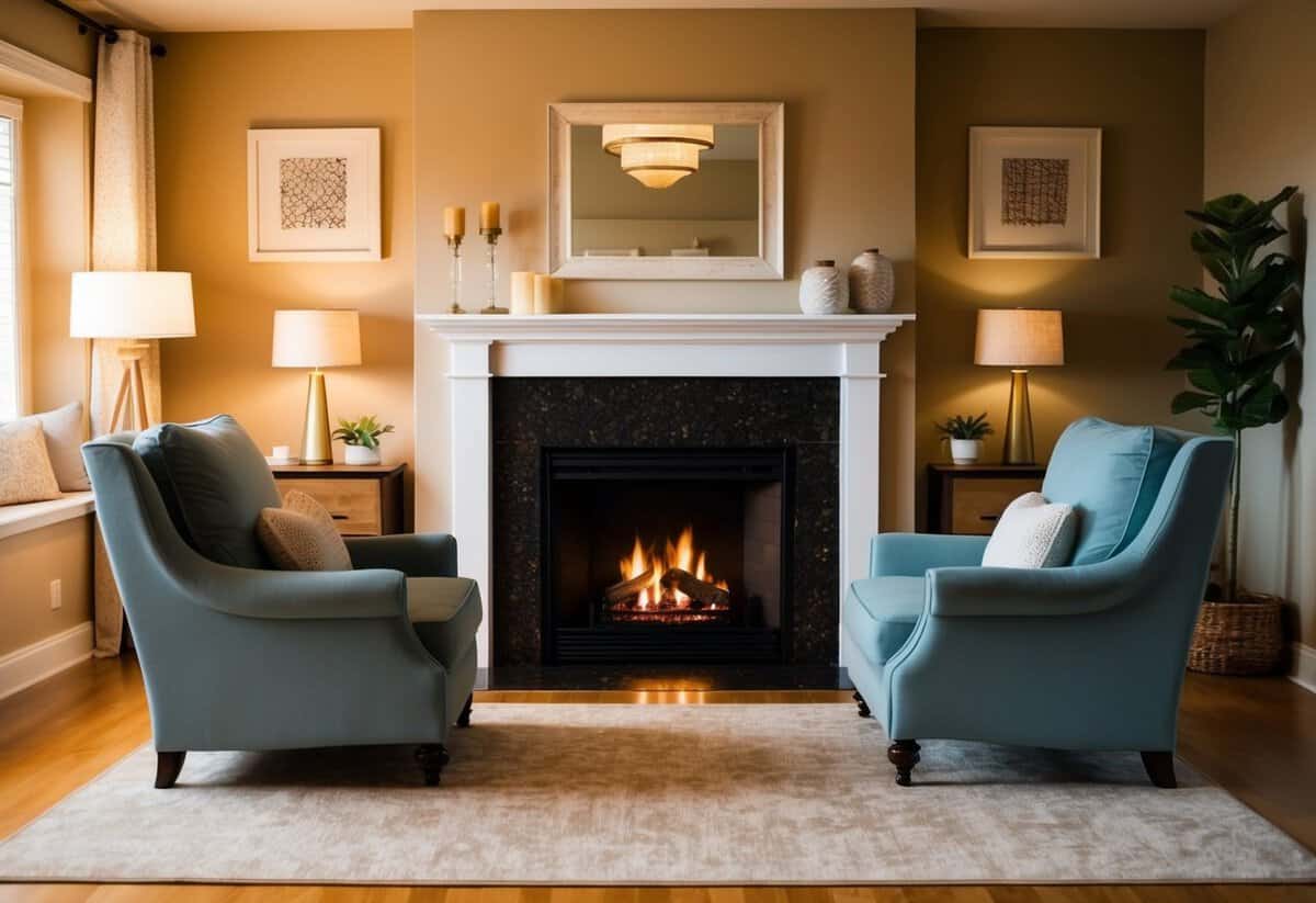 A cozy living room with soft lighting, a crackling fireplace, and two comfortable chairs facing each other, surrounded by warm colors and soft textures