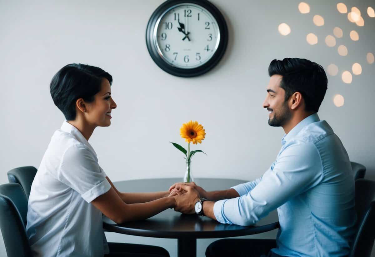 A couple sits together, facing each other, holding hands. A clock on the wall shows 1 o'clock. A single flower sits in a vase on the table