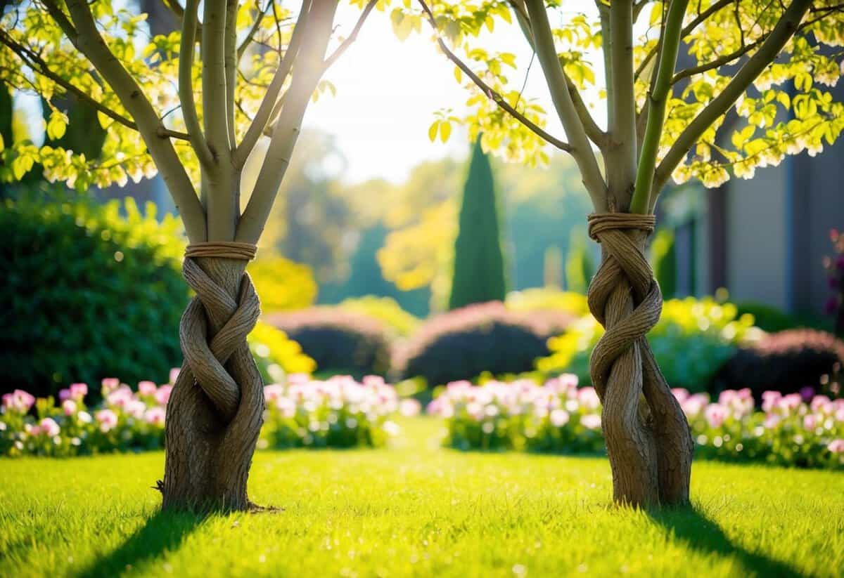A sunlit garden with blooming flowers and two intertwined trees, symbolizing a happy and strong bond in a peaceful and harmonious setting