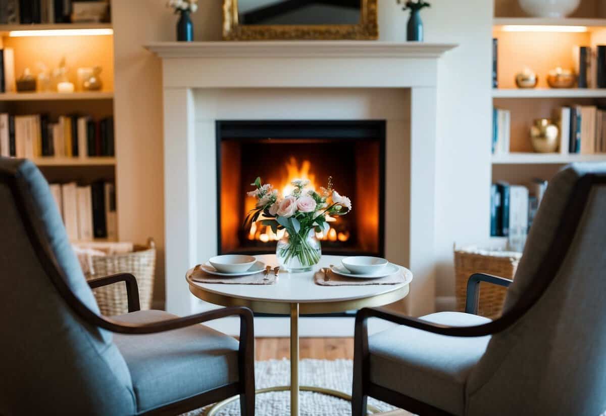 A cozy home with two chairs facing each other, a warm fireplace, and a table set for two with a vase of flowers