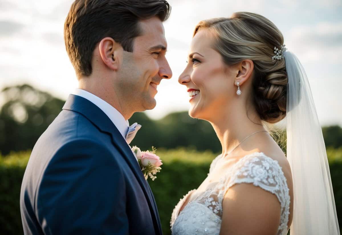 A bride and groom standing side by side, gazing into each other's eyes with love and joy