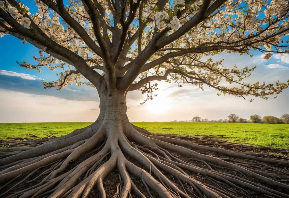 A blooming tree with intertwined roots and branches, weathering storms while basking in sunlight