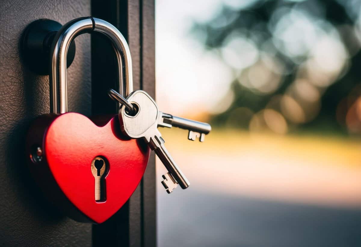 A heart-shaped lock with two keys fitting perfectly