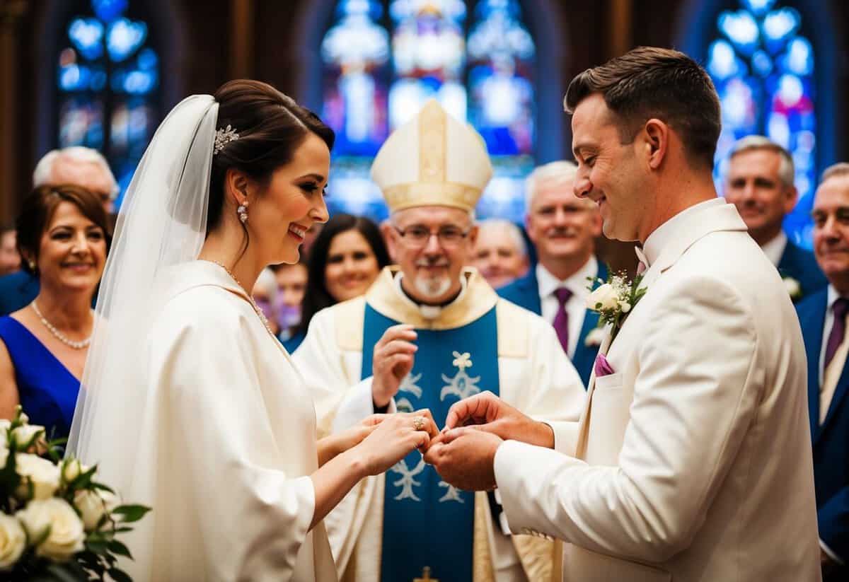 A bride and groom exchanging rings in front of a priest, surrounded by family and friends