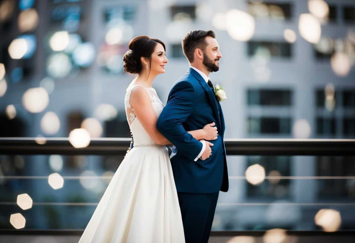 A bride and groom standing side by side, facing forward, with the groom's hand on the bride's waist. They are both dressed in formal wedding attire