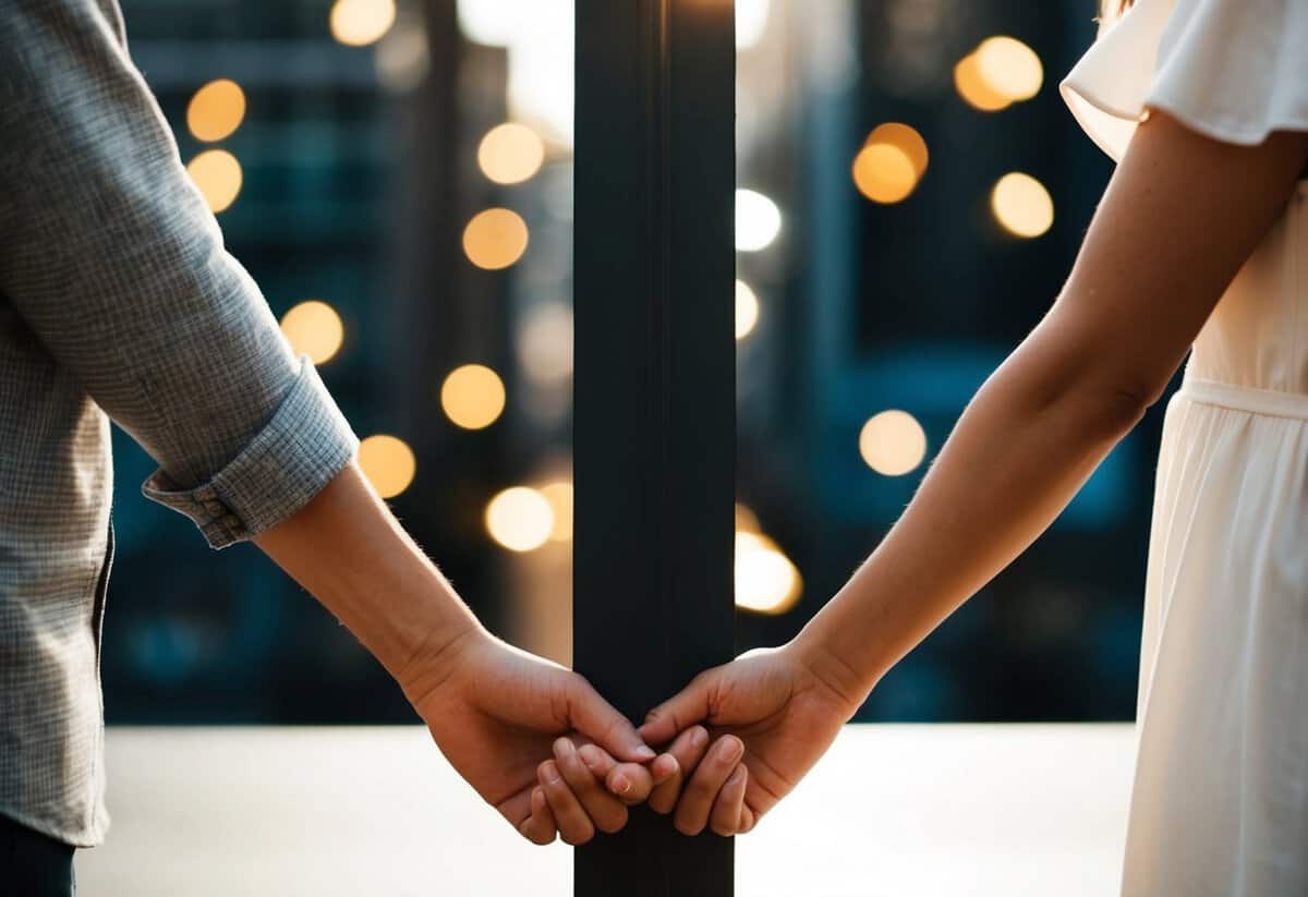 A couple facing each other, holding hands, with a symbolic barrier dividing them